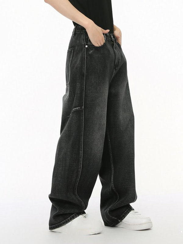 Heavyweight Black Wash Wide-Leg Jeans with Metal Ring Detail