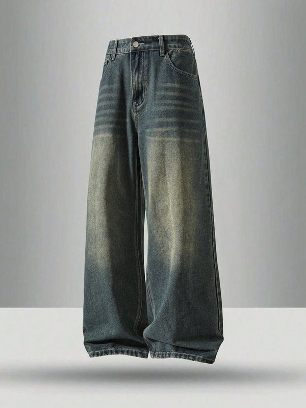 Men's Vintage Wash Baggy Denim Jeans - Distressed Wide Leg Streetwear