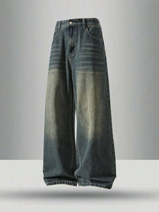 Men's Vintage Wash Baggy Denim Jeans - Distressed Wide Leg Streetwear