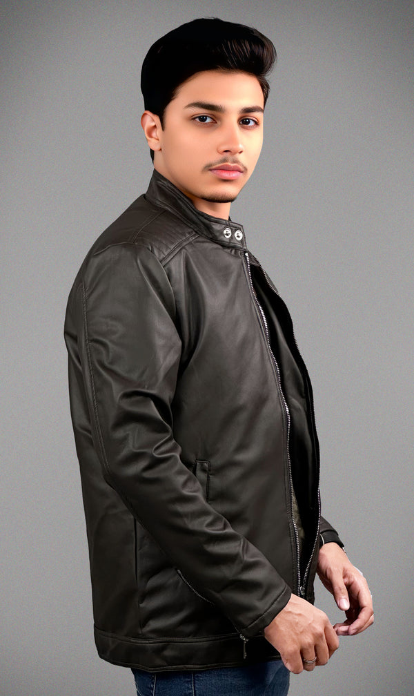 Men’s Stand-Collar Black Leather Jacket with Quilted Shoulders