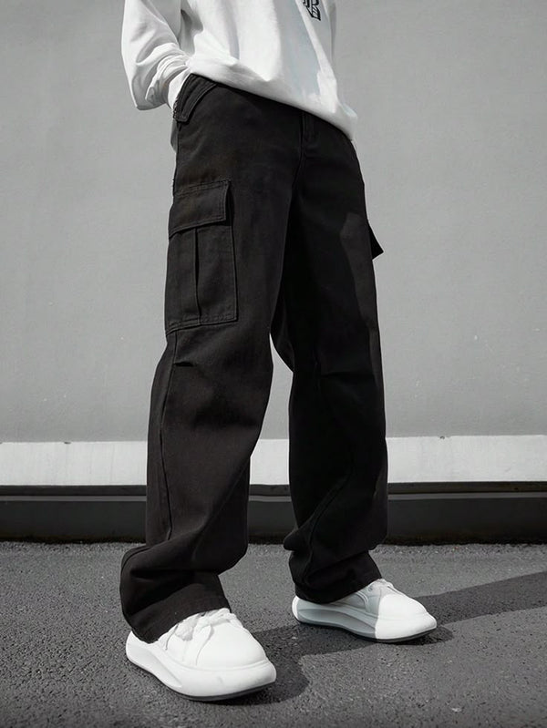 Heavyweight Black Wash Wide-Leg Jeans with Metal Ring Detail