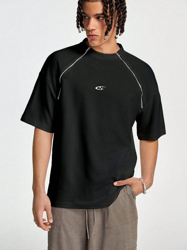 Oversized Black Mock Neck Tee with Contrast Zip Piping Detail