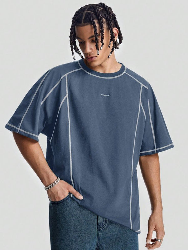 Oversized Black Mock Neck Tee with Contrast Zip Piping Detail