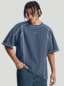 Oversized Black Mock Neck Tee with Contrast Zip Piping Detail