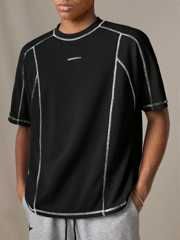 Oversized Black Mock Neck Tee with Contrast Zip Piping Detail