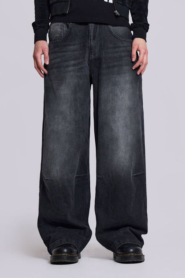 Heavyweight Black Wash Wide-Leg Jeans with Metal Ring Detail