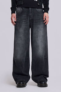 Heavyweight Black Wash Wide-Leg Jeans with Metal Ring Detail