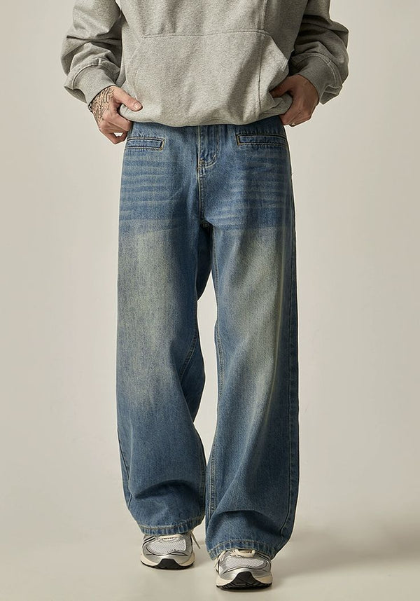 Men's Vintage Wash Baggy Denim Jeans - Distressed Wide Leg Streetwear